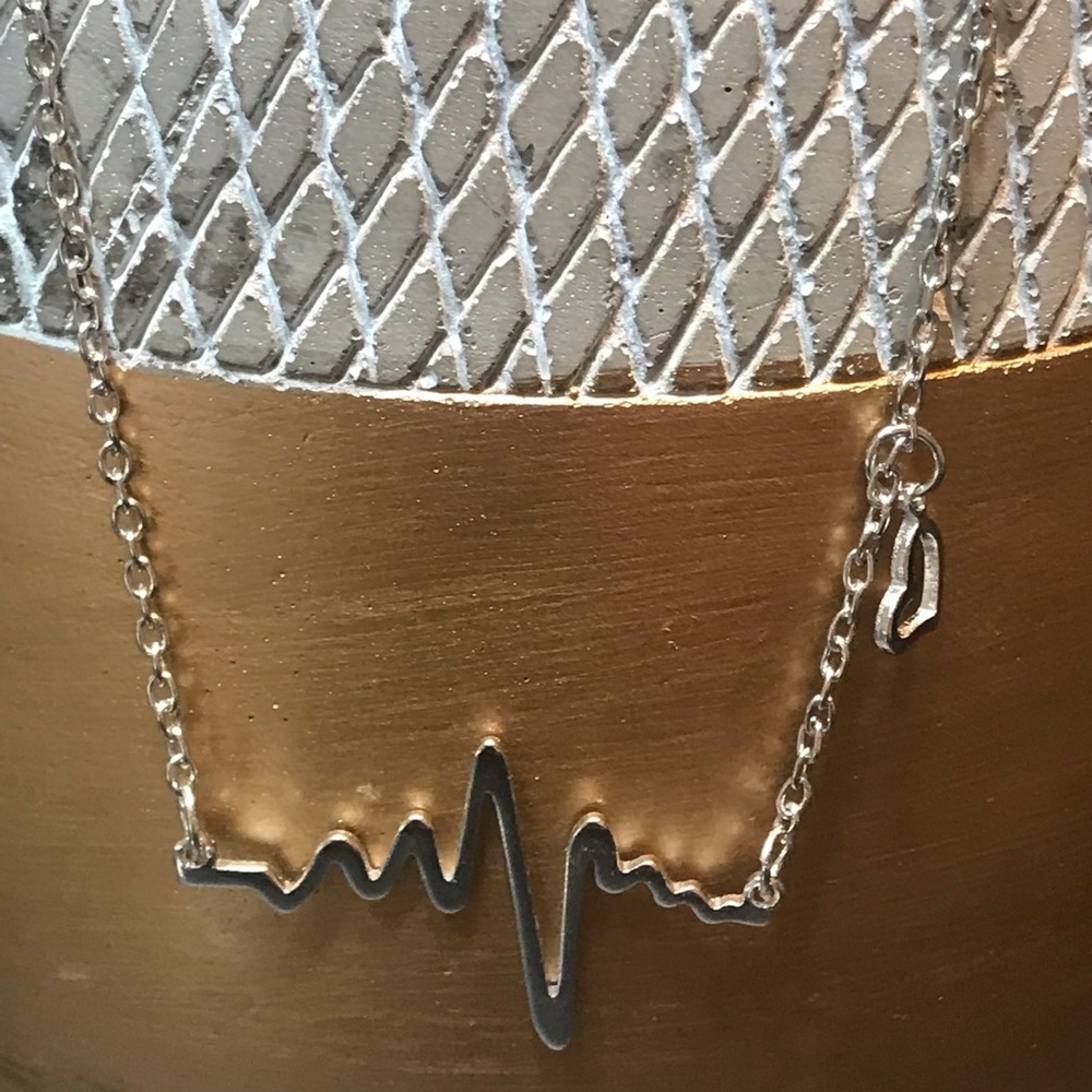 EKG Heartbeat & Dangle Heart Necklace/Silver Plate